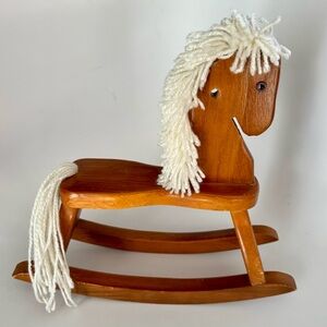 Wooden Rocking Horse Doll Sized White Cotton Mane Vintage Kids Toy Handmade